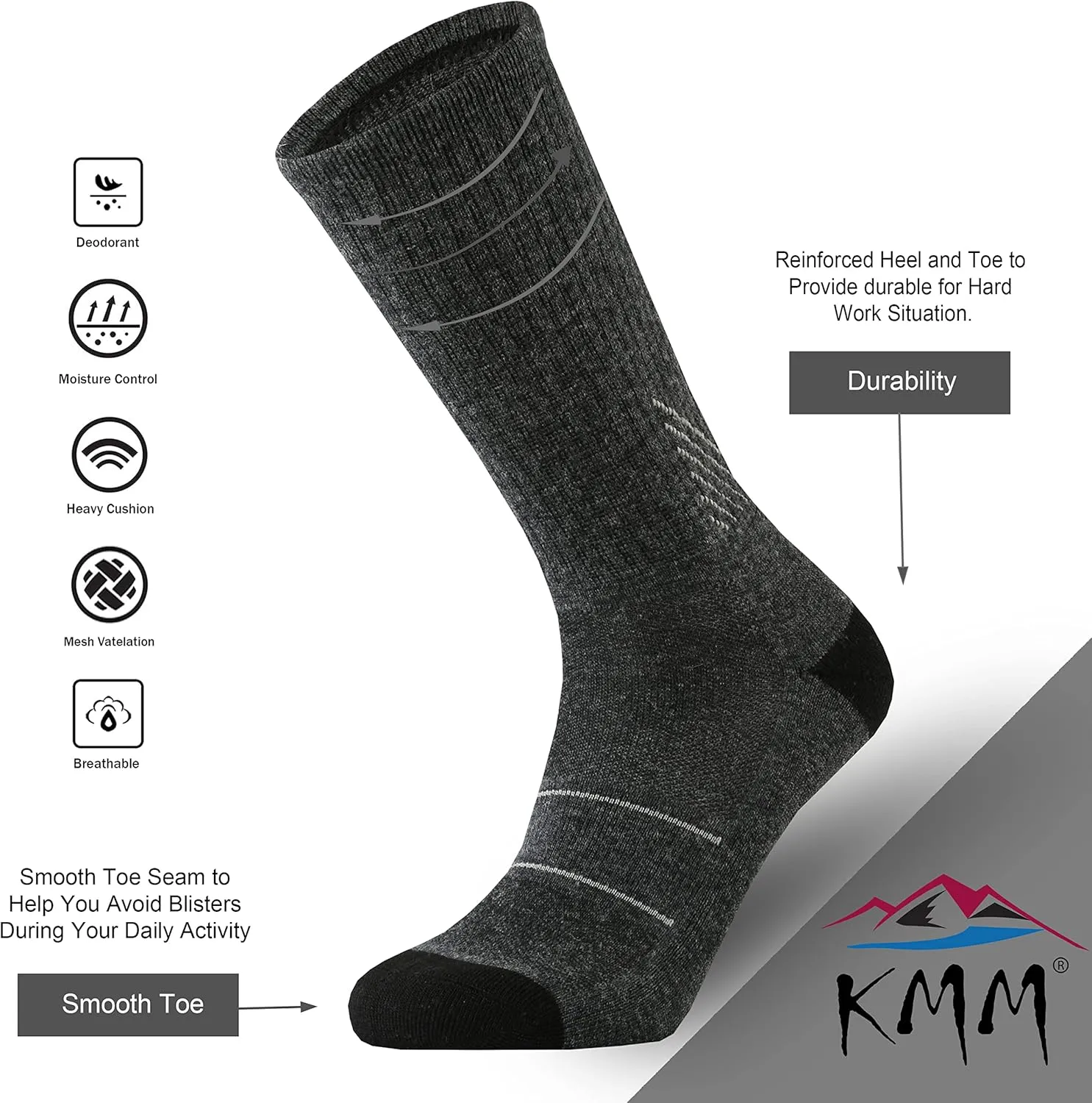 KMM Men's Merino Wool Cushion Crew Socks Moisture Wicking Control Medium Weight Warm for Outdoor Hiking Hike Trail Cycling