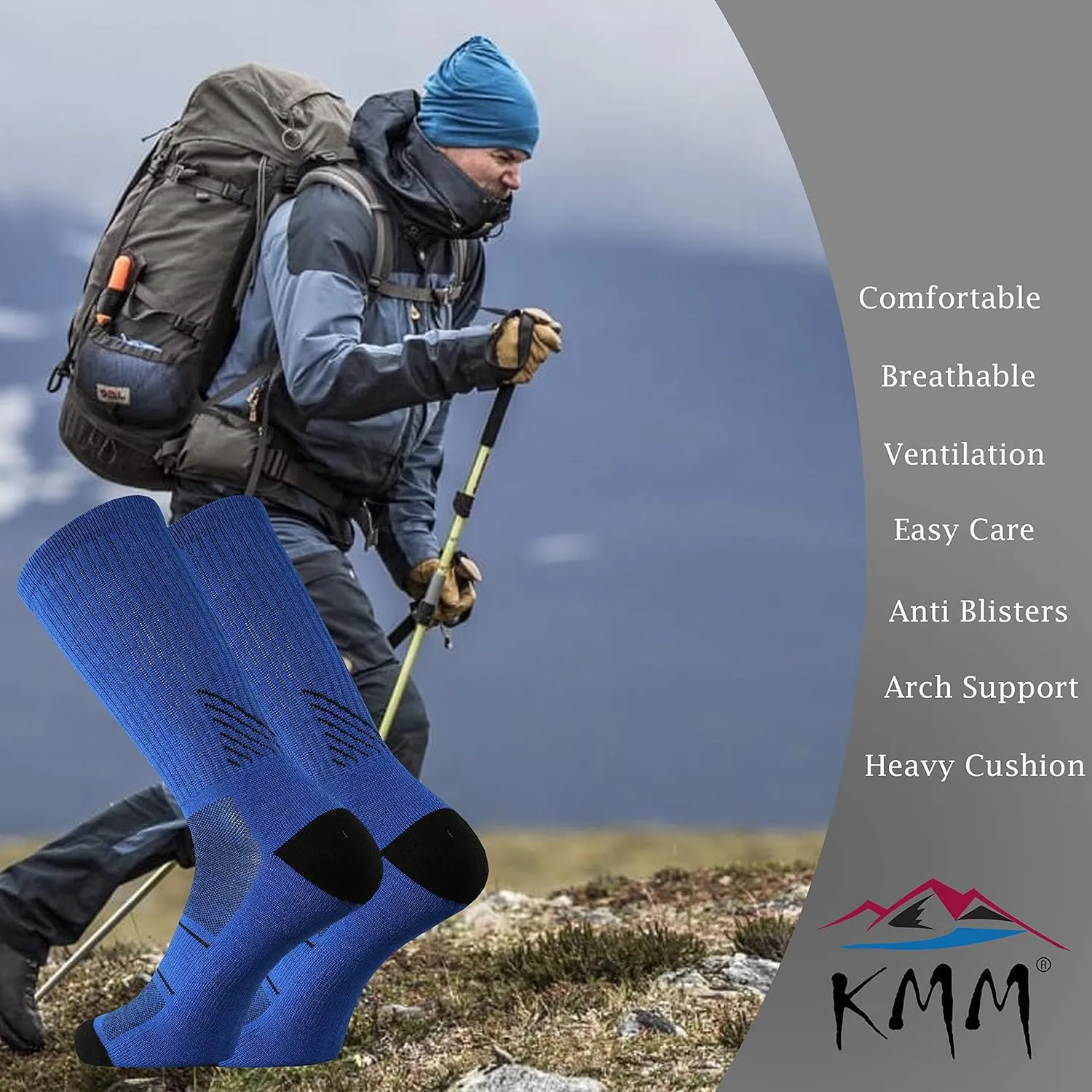 KMM Men's Merino Wool Cushion Crew Socks Moisture Wicking Control Medium Weight Warm for Outdoor Hiking Hike Trail Cycling
