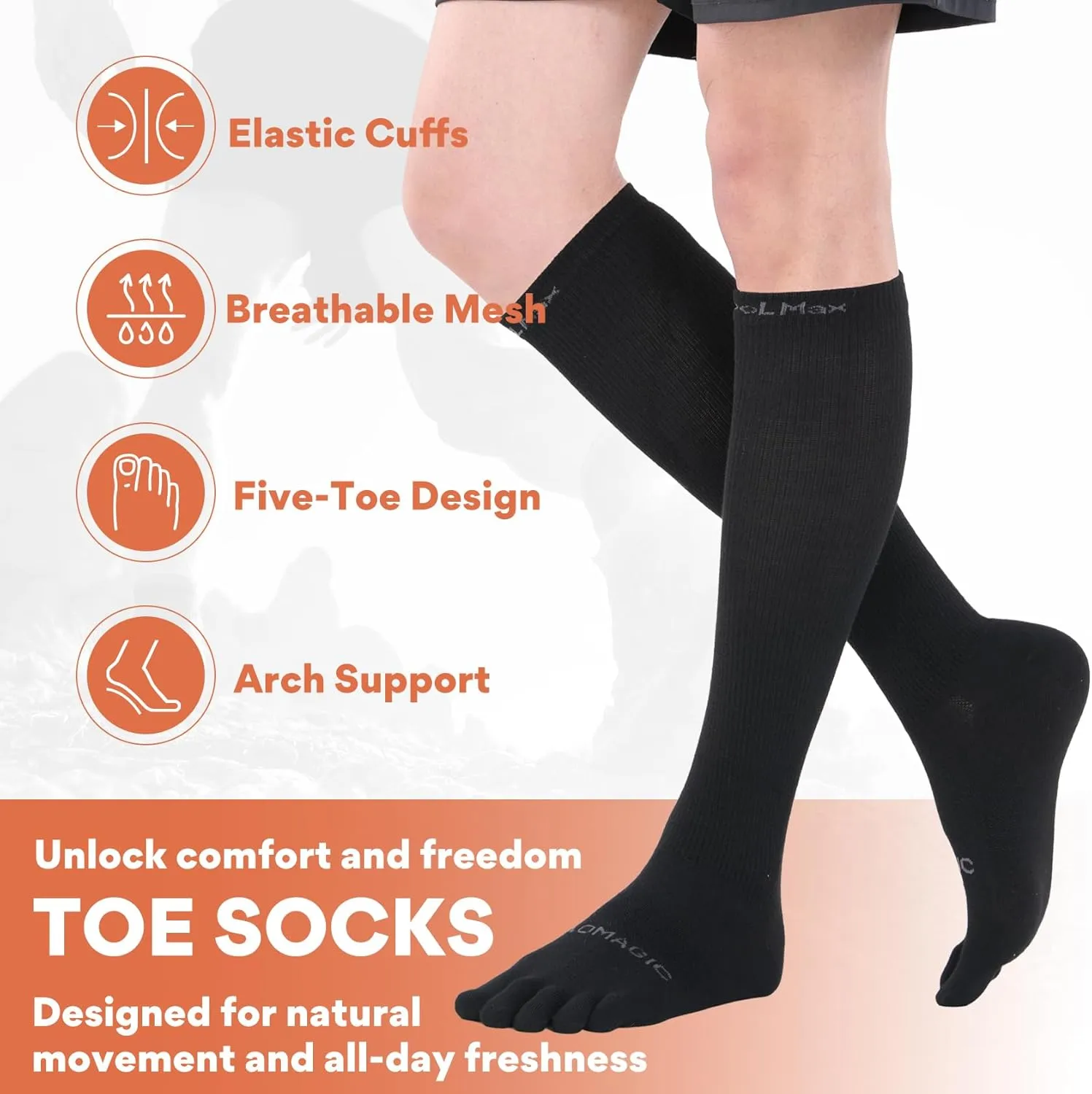 Knee-High Toe Socks - Coolmax 5-Finger Athletic Hiking Socks, Anti-Blister & Moisture-Wicking, 3 Pairs