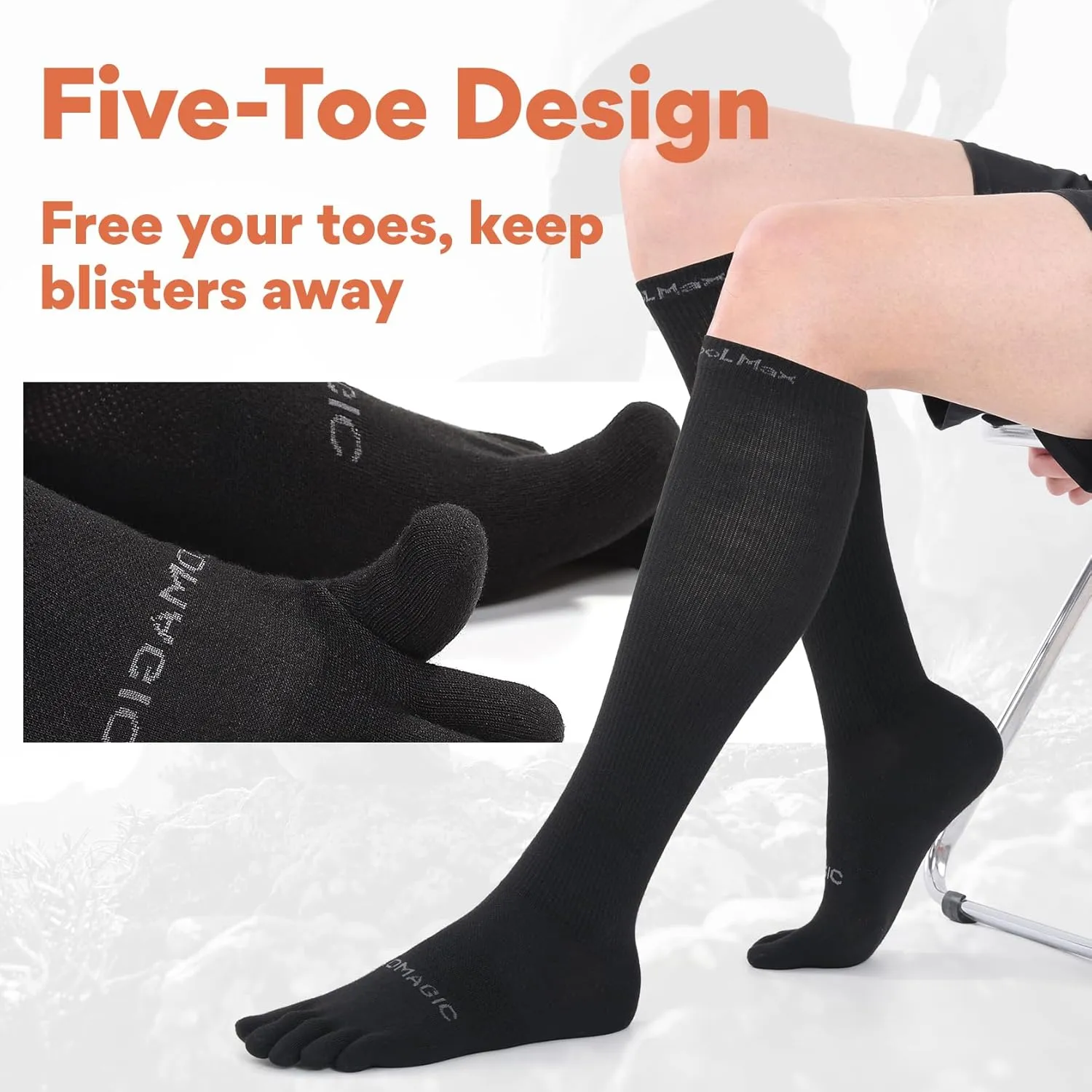 Knee-High Toe Socks - Coolmax 5-Finger Athletic Hiking Socks, Anti-Blister & Moisture-Wicking, 3 Pairs
