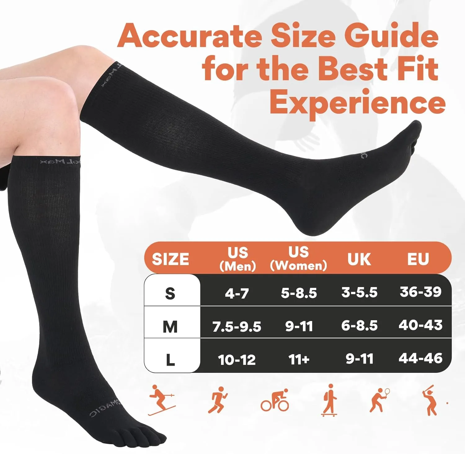 Knee-High Toe Socks - Coolmax 5-Finger Athletic Hiking Socks, Anti-Blister & Moisture-Wicking, 3 Pairs
