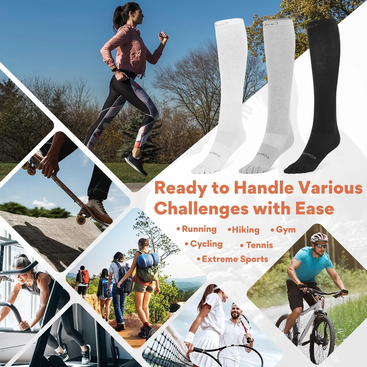 Knee-High Toe Socks - Coolmax 5-Finger Athletic Hiking Socks, Anti-Blister & Moisture-Wicking, 3 Pairs