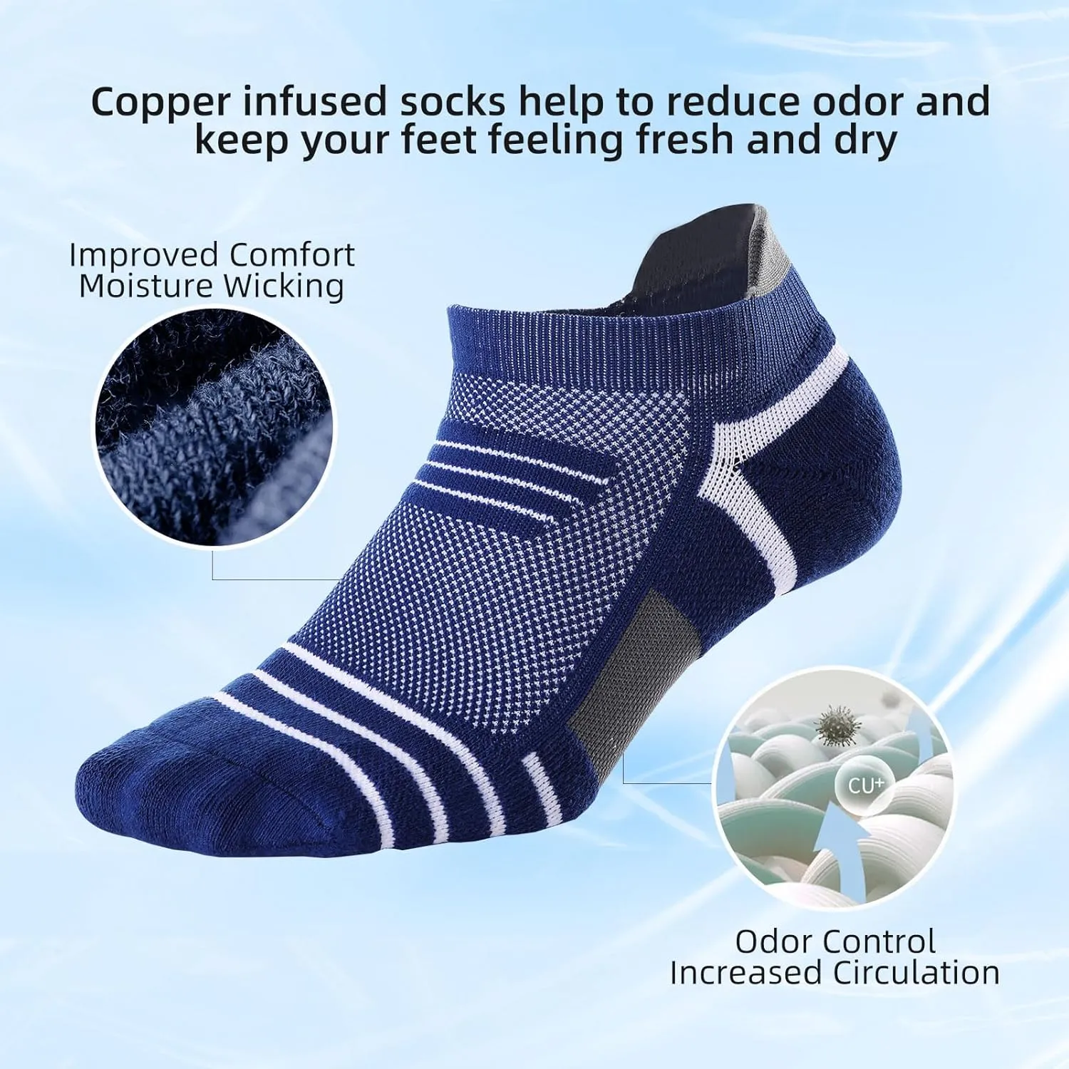 Kodal Copper Cushioned Athletic Ankle Socks, Low Cut Training Socks, Odor Free, Moisture Wicking, Arch Compression (5 Pairs)