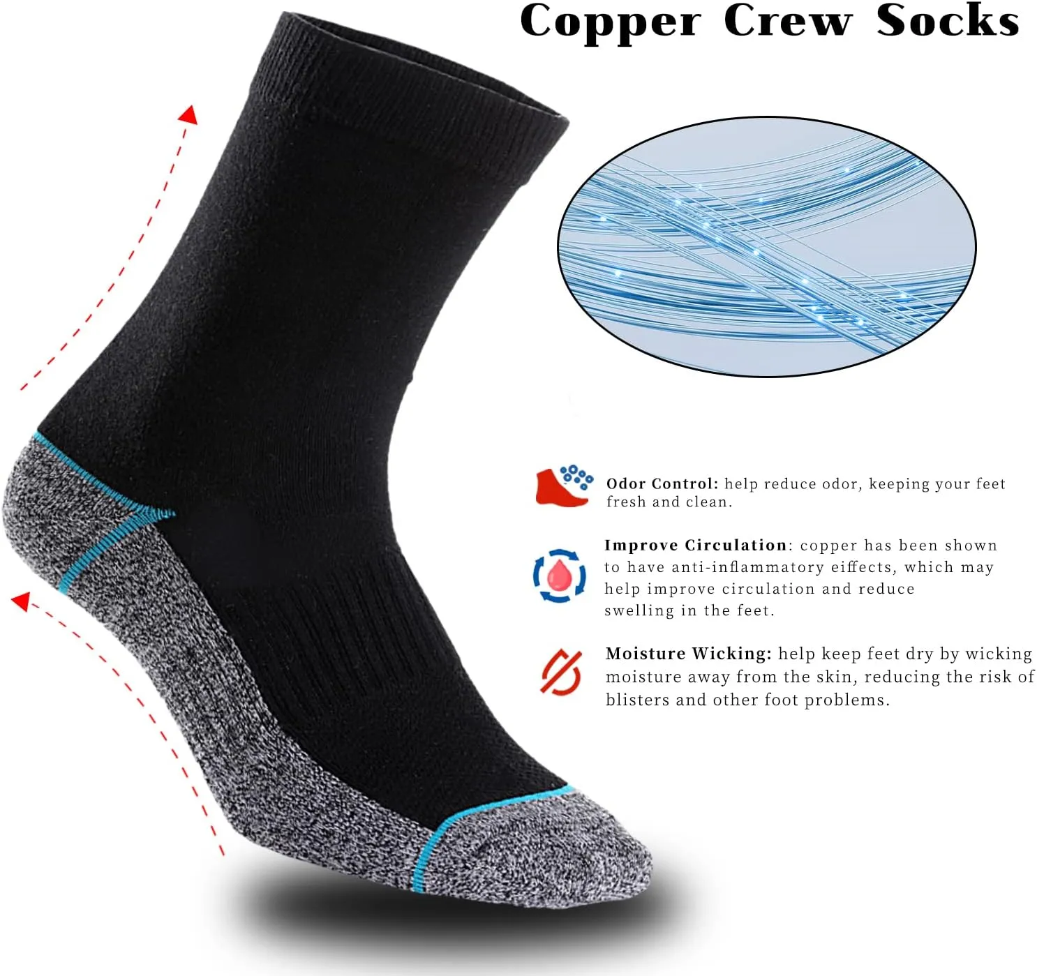 Kodal Copper Infused Crew Socks Business Athletic Moisture Wicking Odor Free Comfortable for All Day Wear (4/5 Pairs)