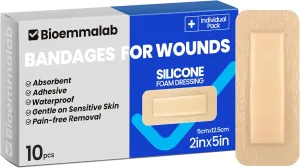 Large Waterproof Bandages 2"X5" Silicone Foam Dressing for Sensitive Skin Wound Care, 10 Packs, Adhesive Cohesive Pad with Border for First Aid, Post Surgical and Trauma Care, Sore, Burn, Pressure