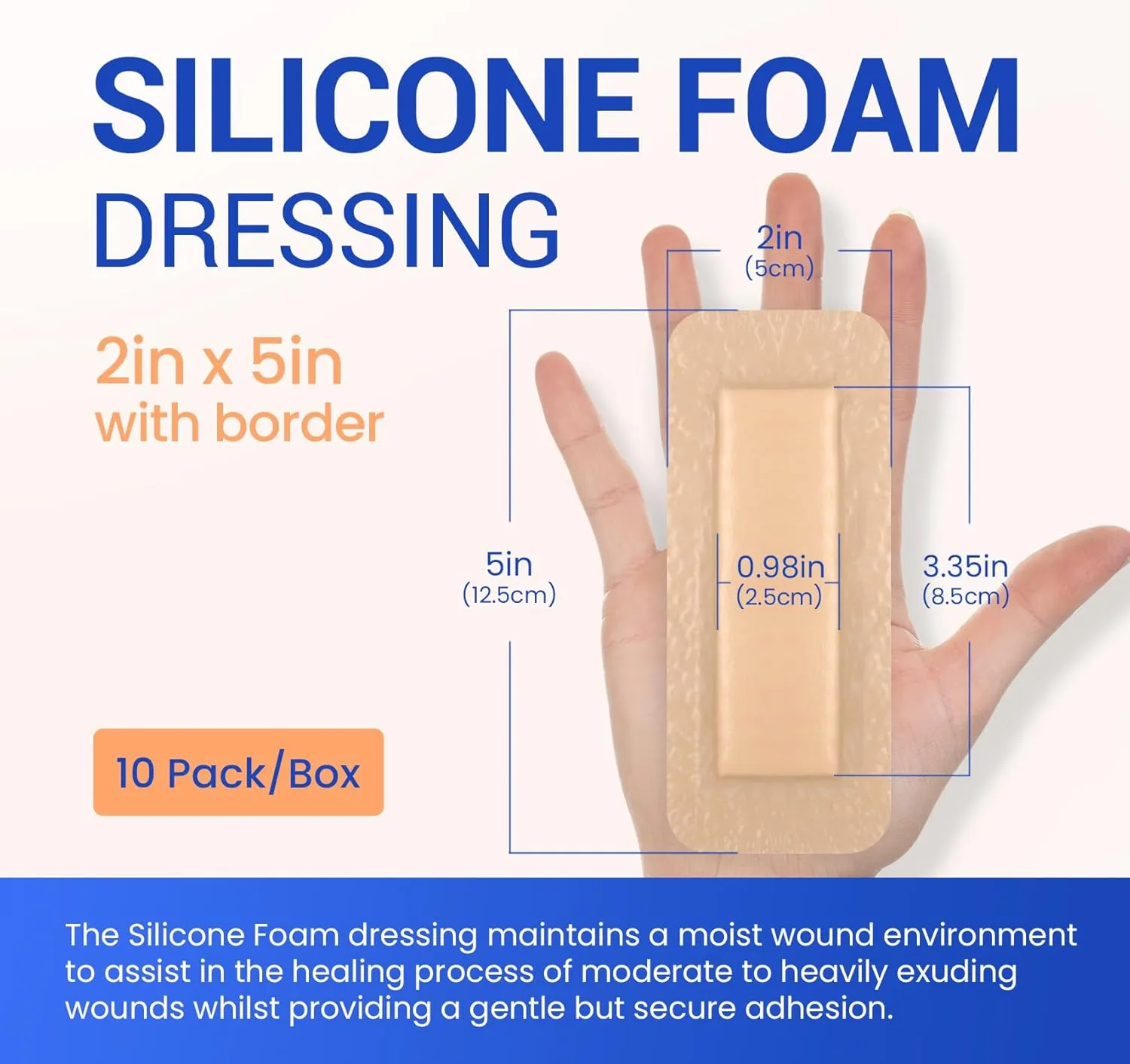 Large Waterproof Bandages 2"X5" Silicone Foam Dressing for Sensitive Skin Wound Care, 10 Packs, Adhesive Cohesive Pad with Border for First Aid, Post Surgical and Trauma Care, Sore, Burn, Pressure