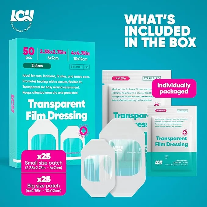 LCH 50 Pack Transparent Film Dressing 2 Sizes: 2.38" x 2.75" & 4" x 4.75" I