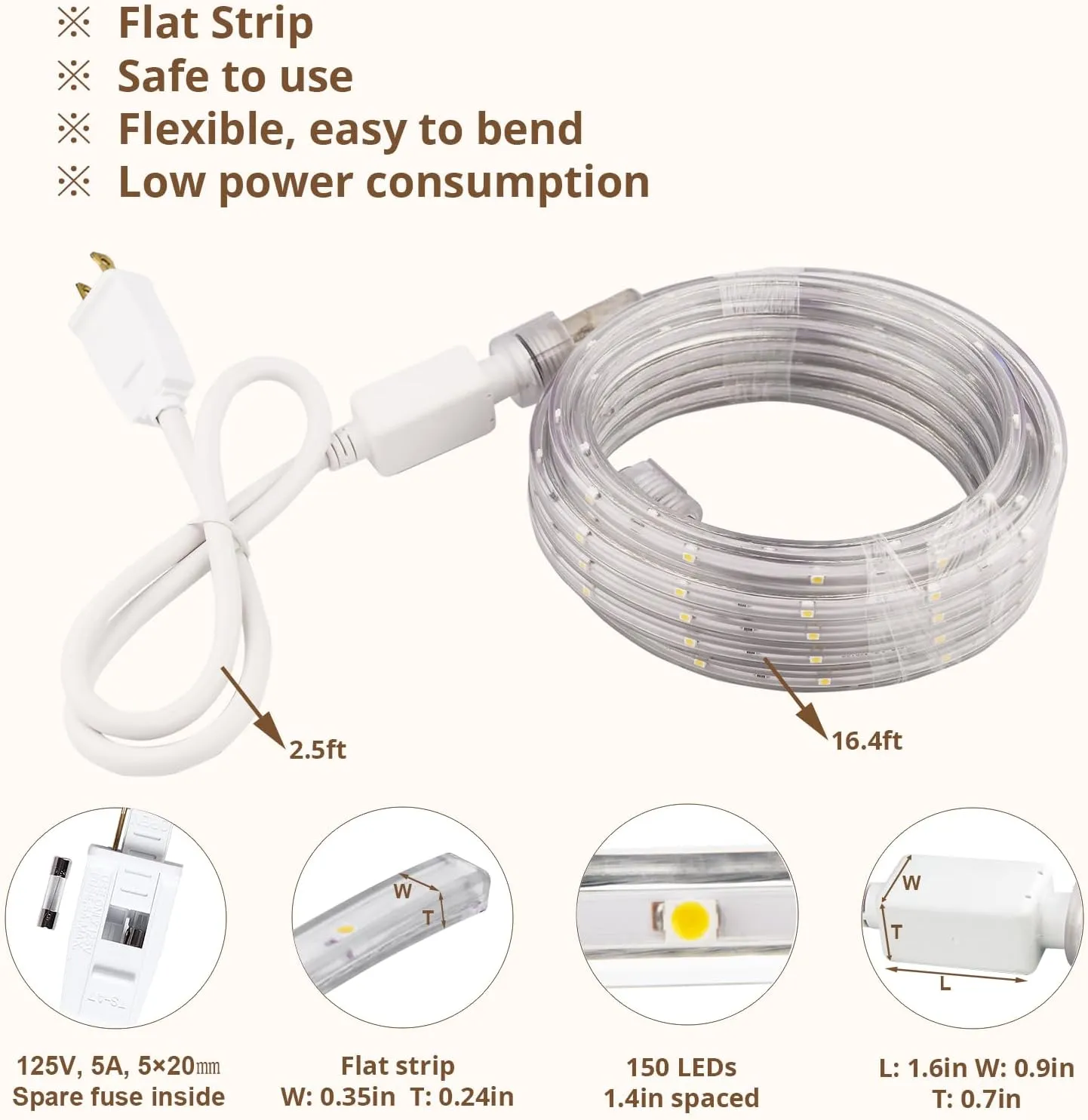 LED Rope Lights, 33Feet Daylight Flat Flexible Strip Light, Plug in Novelty Lighting, Connectable and Waterproof for Home Christmas Holiday Garden Patio Party Decoration