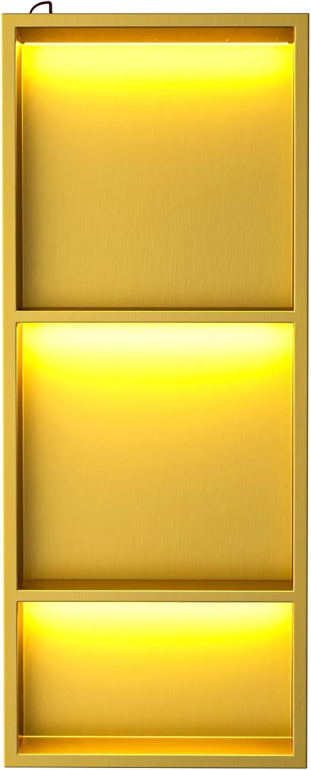 Led Shower Niche Gold 30" X 12" with Shelf 304 Stainless Steel with Light 3 Tier Shelves No Tile Needed Niche Shower for Bathroom Storage Over-Mounted Installation