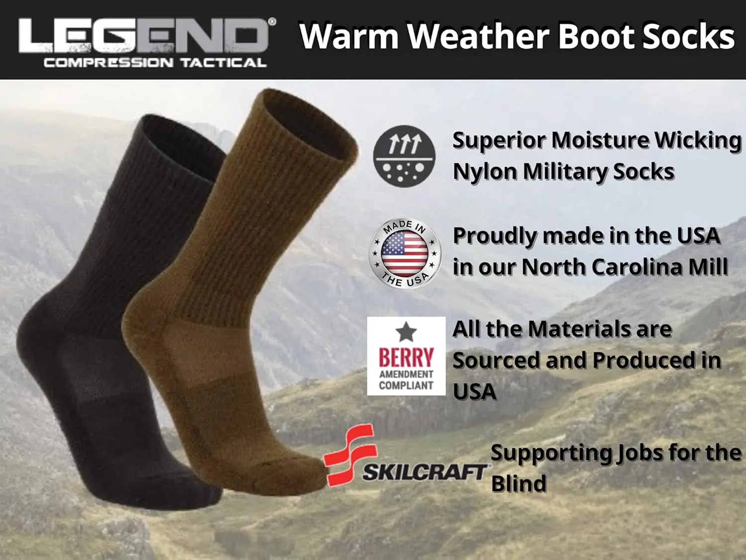 LEGEND Compression Tactical Mid-Calf Boot Socks - Warm Weather Moisture Wicking Nylon Military Socks