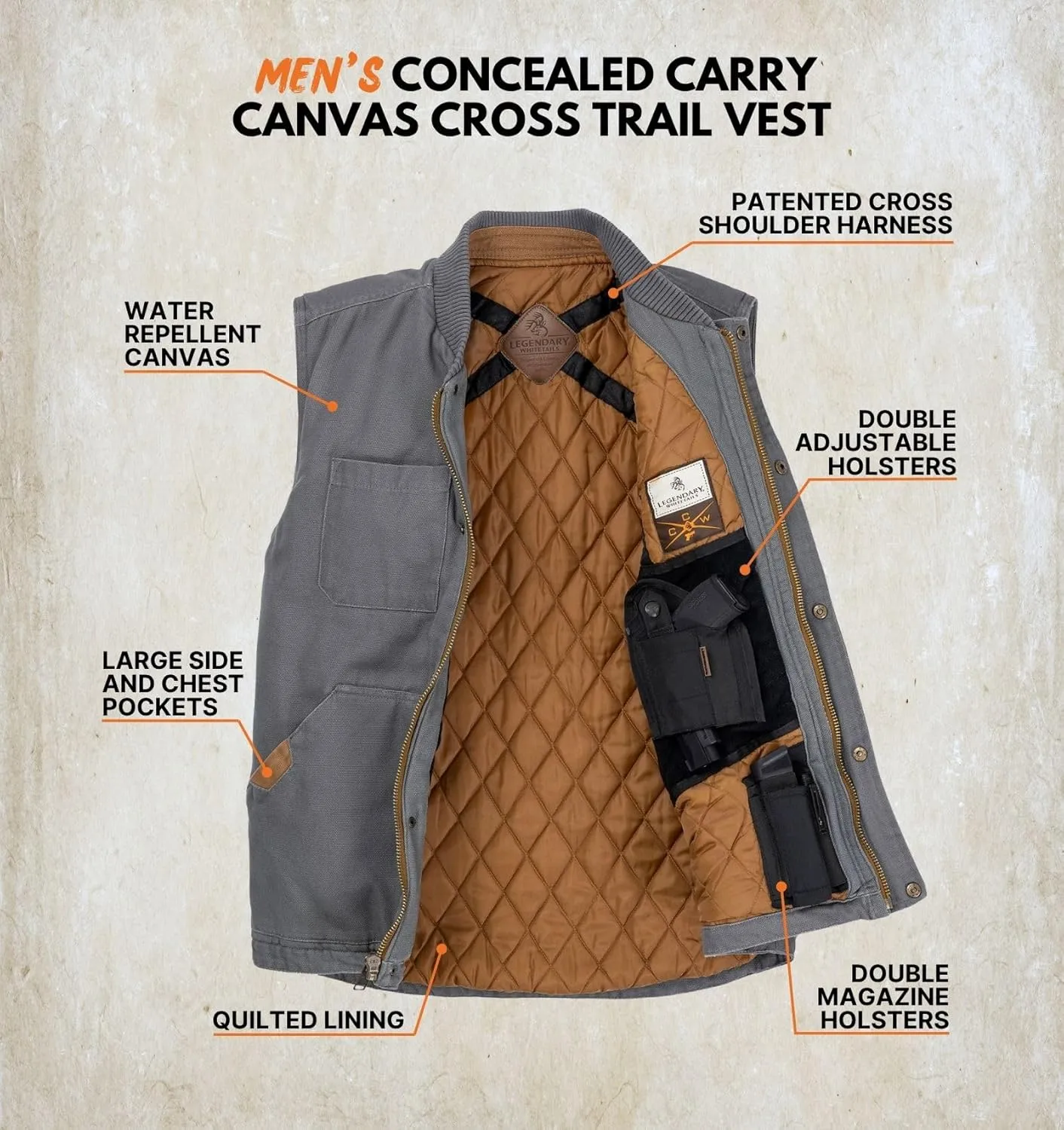 Legendary Whitetails Men's Concealed Carry Outerwear Vest, Canvas Cross Trail Conceal Ccw Holster Insulated Tactical Vest