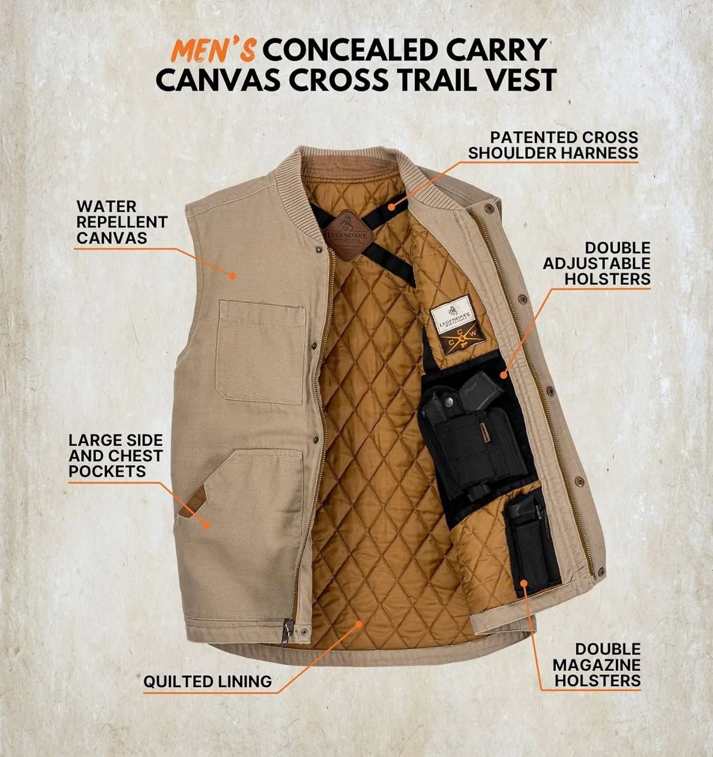 Legendary Whitetails Men's Concealed Carry Outerwear Vest for Men, Canvas Cross Trail Conceal CCW Holster, Hunting Insulated