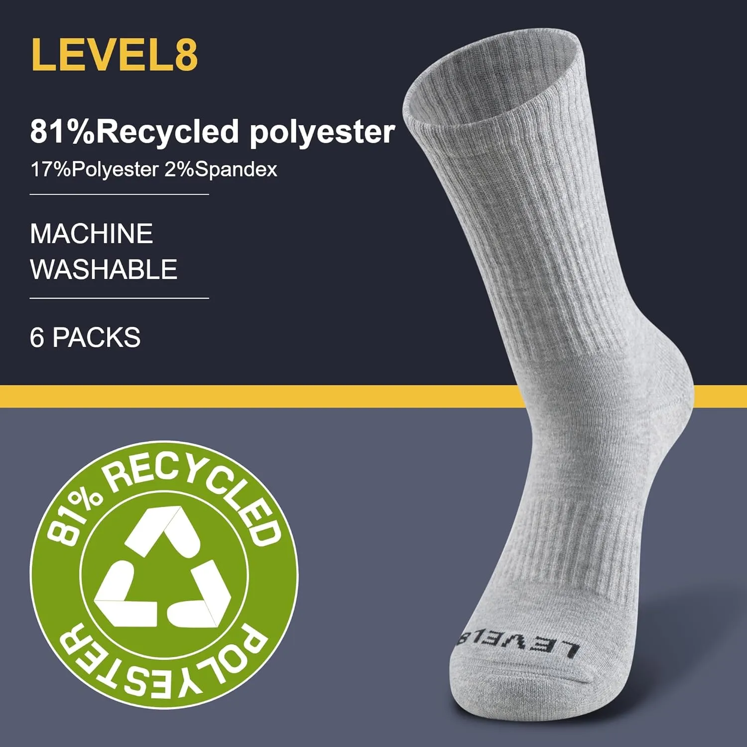 LEVEL8 Mens Work Crew Socks, Comfy Mid Calf Dress Socks, Moisture Wicking, Running and Exercise, 6 Pairs