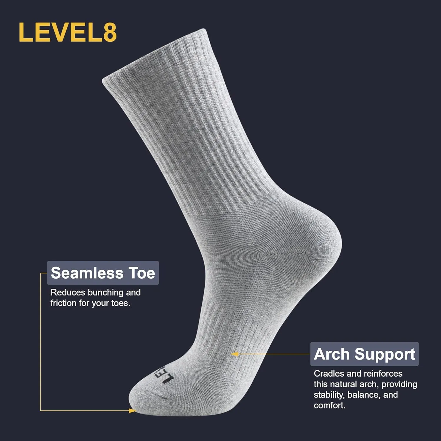 LEVEL8 Mens Work Crew Socks, Comfy Mid Calf Dress Socks, Moisture Wicking, Running and Exercise, 6 Pairs