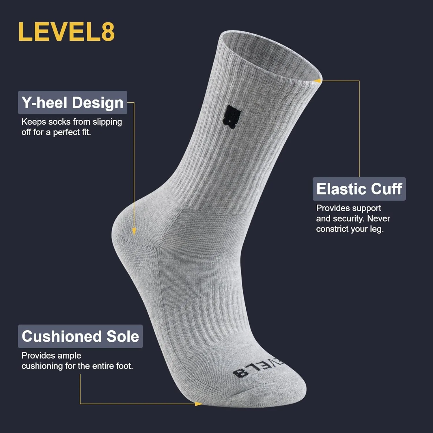 LEVEL8 Mens Work Crew Socks, Comfy Mid Calf Dress Socks, Moisture Wicking, Running and Exercise, 6 Pairs