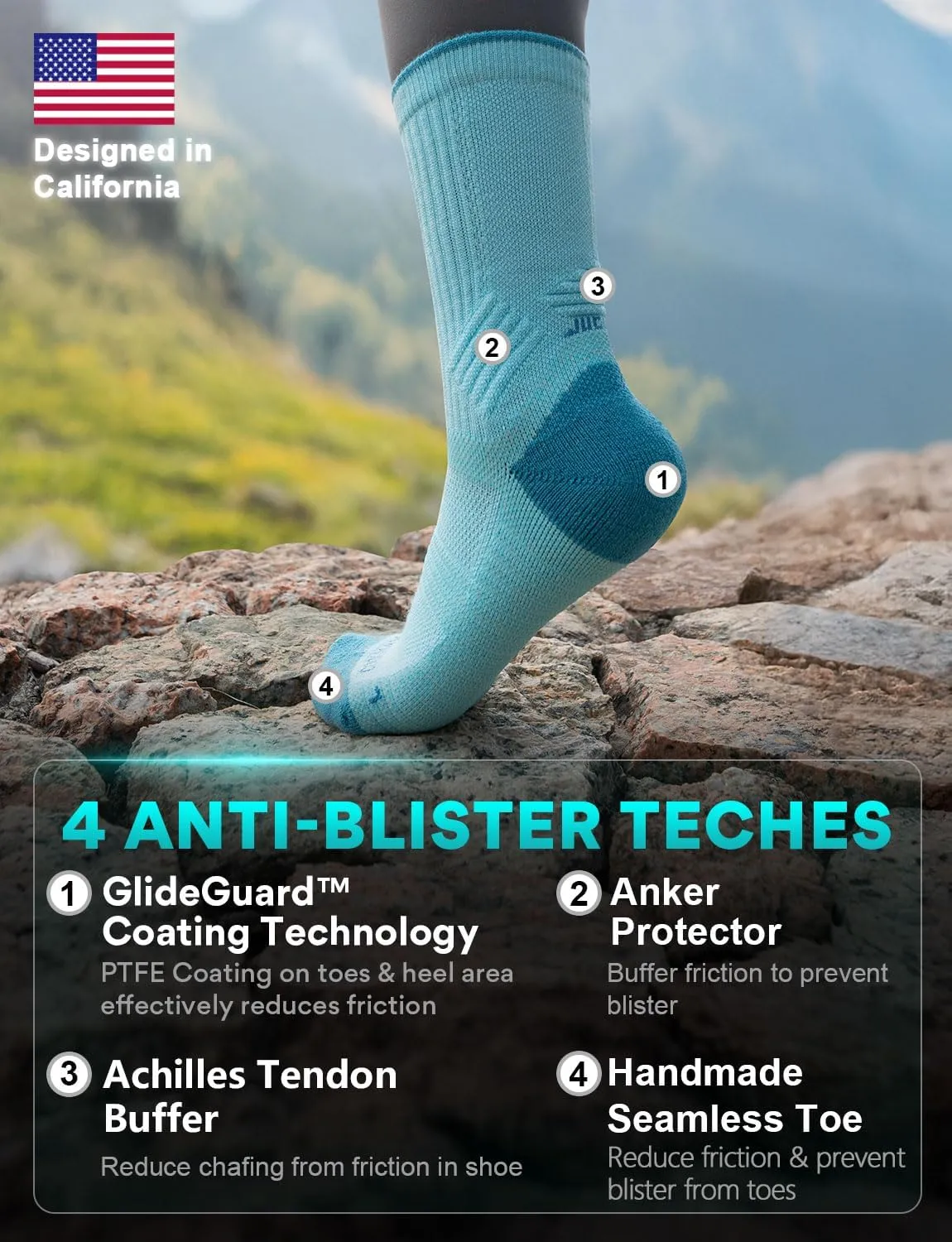 Lightweight Micro Crew Hiking Socks Coolmax Merino Wool Compression Moisture Wicking Anti-Blister Cushioned