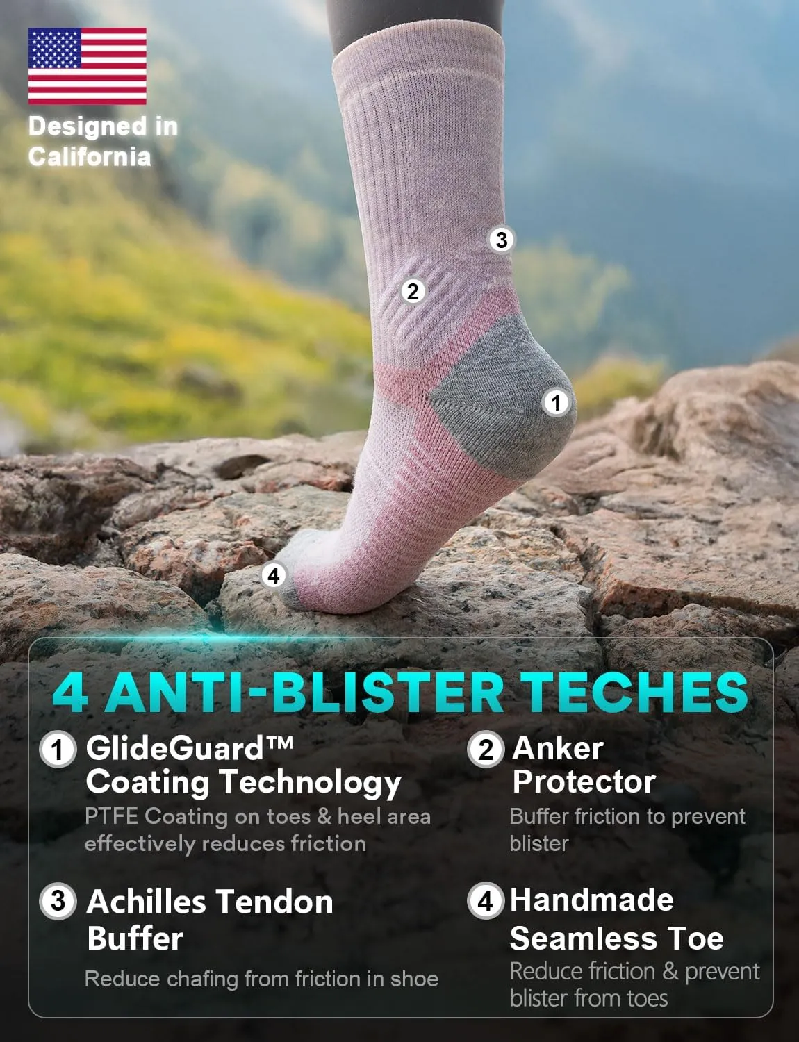 Lightweight Micro Crew Hiking Socks Coolmax Merino Wool Compression Moisture Wicking Anti-Blister Cushioned