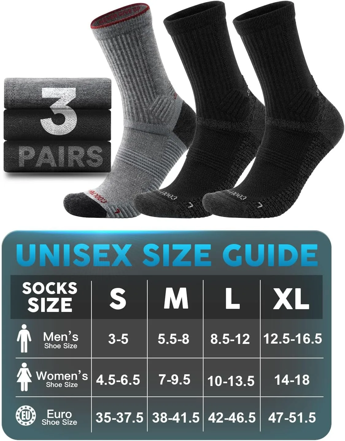 Lightweight Micro Crew Hiking Socks Men Coolmax Merino Wool Compression Moisture Wicking Anti-Blister Cushioned