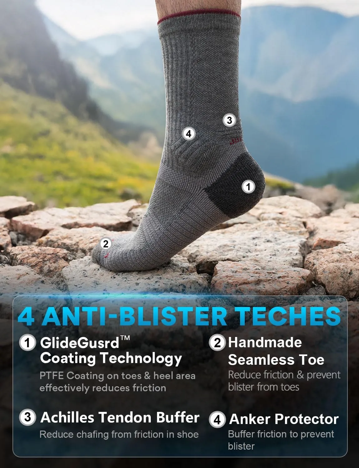 Lightweight Micro Crew Hiking Socks Men Coolmax Merino Wool Compression Moisture Wicking Anti-Blister Cushioned