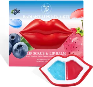 Lip Care Kit with Blueberry Lip Scrub Exfoliator and Strawberry Balm Moisturizer – Intense Hydration Set for Dry, Chapped, Cracked Lips