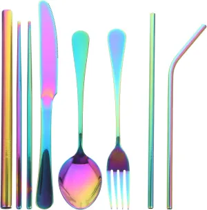 LOGOFUN Stainless Steel Cutlery Stainless Steel Tableware Set Portable Cutter Fork Spoon Kit for Outdoor Travel Supplies - Colorful