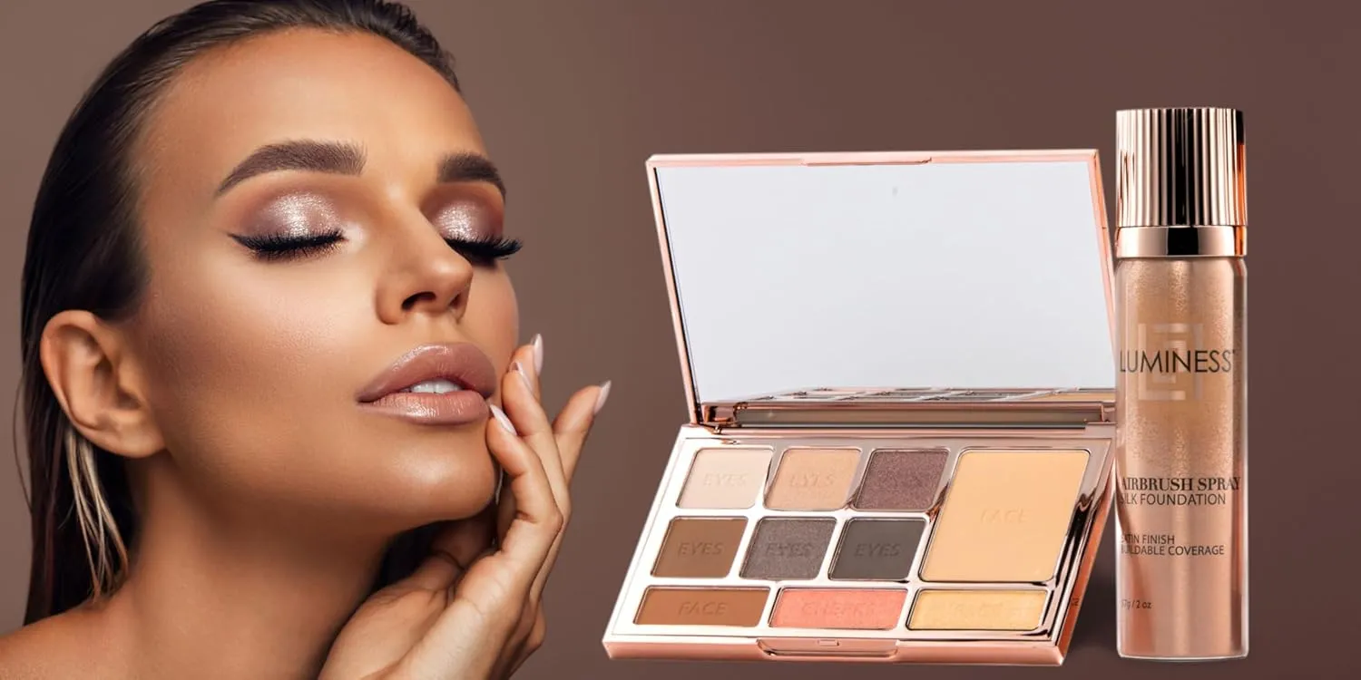 LUMINESS Face Time All In One Makeup Kit - Includes Face Palette, Airbrush Foundation, and Makeup Brush - Long-Wearing, Silky, Soft, Easy to Blend, 3-PC Make Up Set (10 - Tan)
