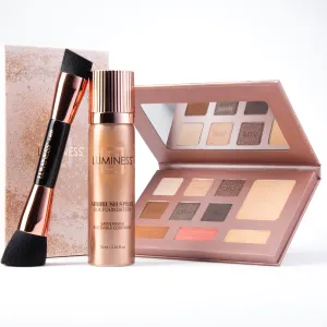 LUMINESS Face Time All In One Makeup Kit - Includes Face Palette, Airbrush Foundation, and Makeup Brush - Long-Wearing, Silky, Soft, Easy to Blend, 3-PC Make Up Set (10 - Tan)