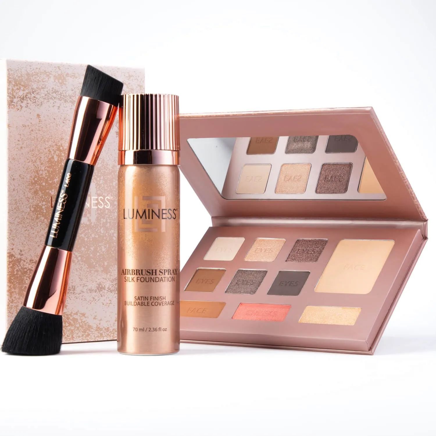 LUMINESS Face Time All In One Makeup Kit - Includes Face Palette, Airbrush Foundation, and Makeup Brush - Long-Wearing, Silky, Soft, Easy to Blend, 3-PC Make Up Set (10 - Tan)