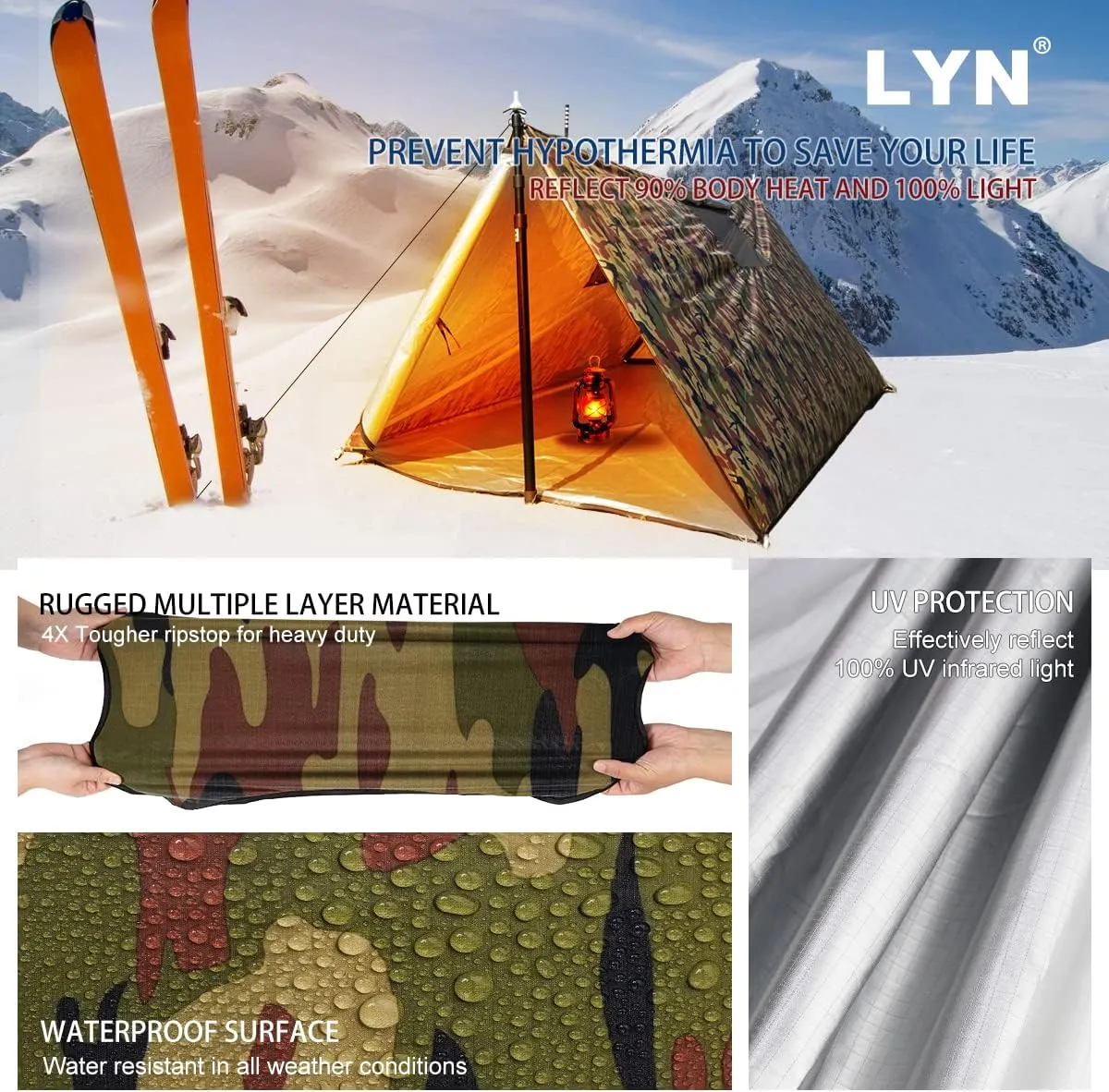 LYN Extra Large Zipper Reusable Survival Emergency Shelter Tent,Thermal Waterproof Fireproof Lightweight Bugout, with Paracord✚Stake for Camping,First Aid,Hiking&Bushcraft