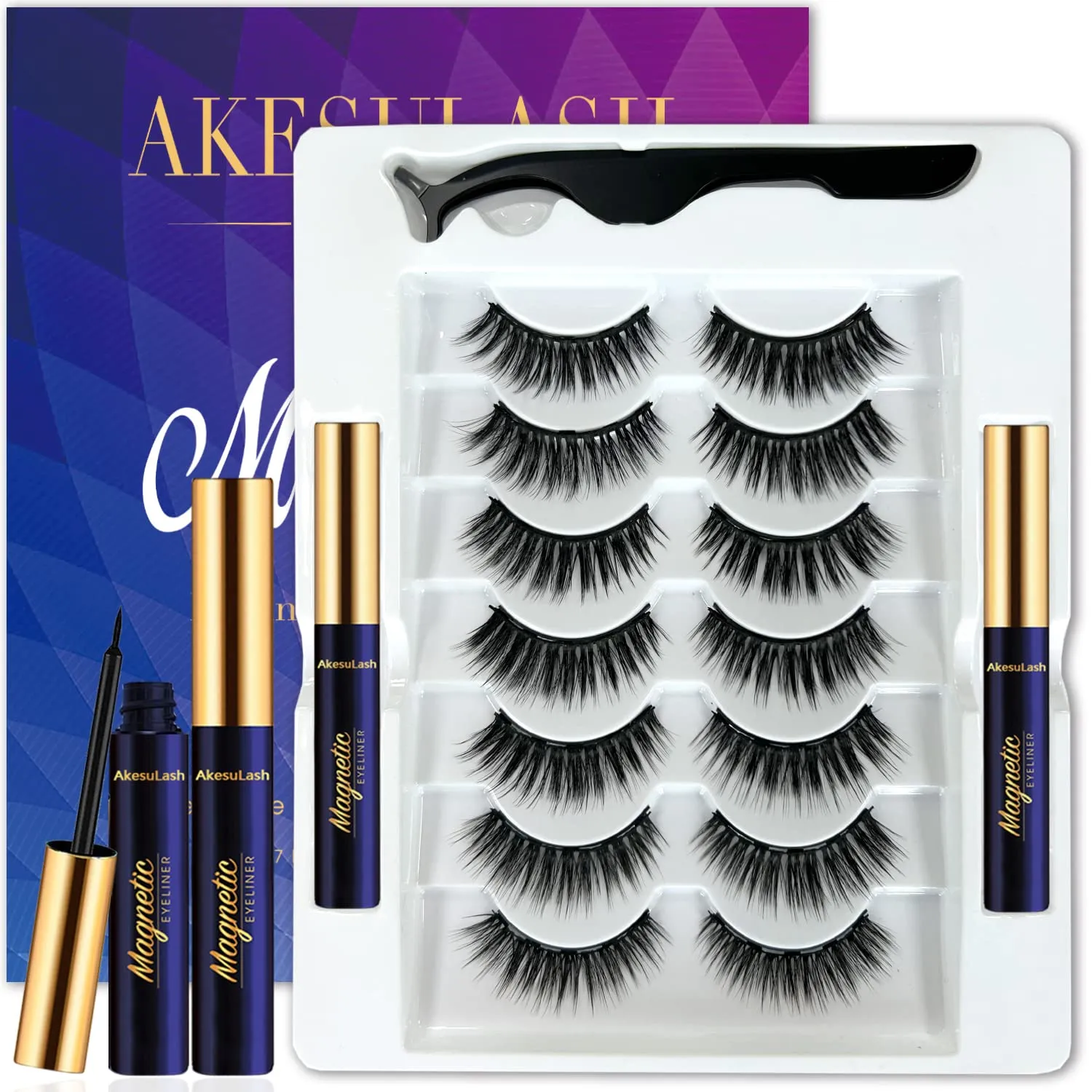 Magnetic Eyelashes - 7 Pairs 3D Medium Cat-eye Magnetic Lashes with Eyeliner Kit - Upgraded,Natural Look,Long Lasting,Reusable,With Applicator - Easy to Apply (2 Tube of Liner)