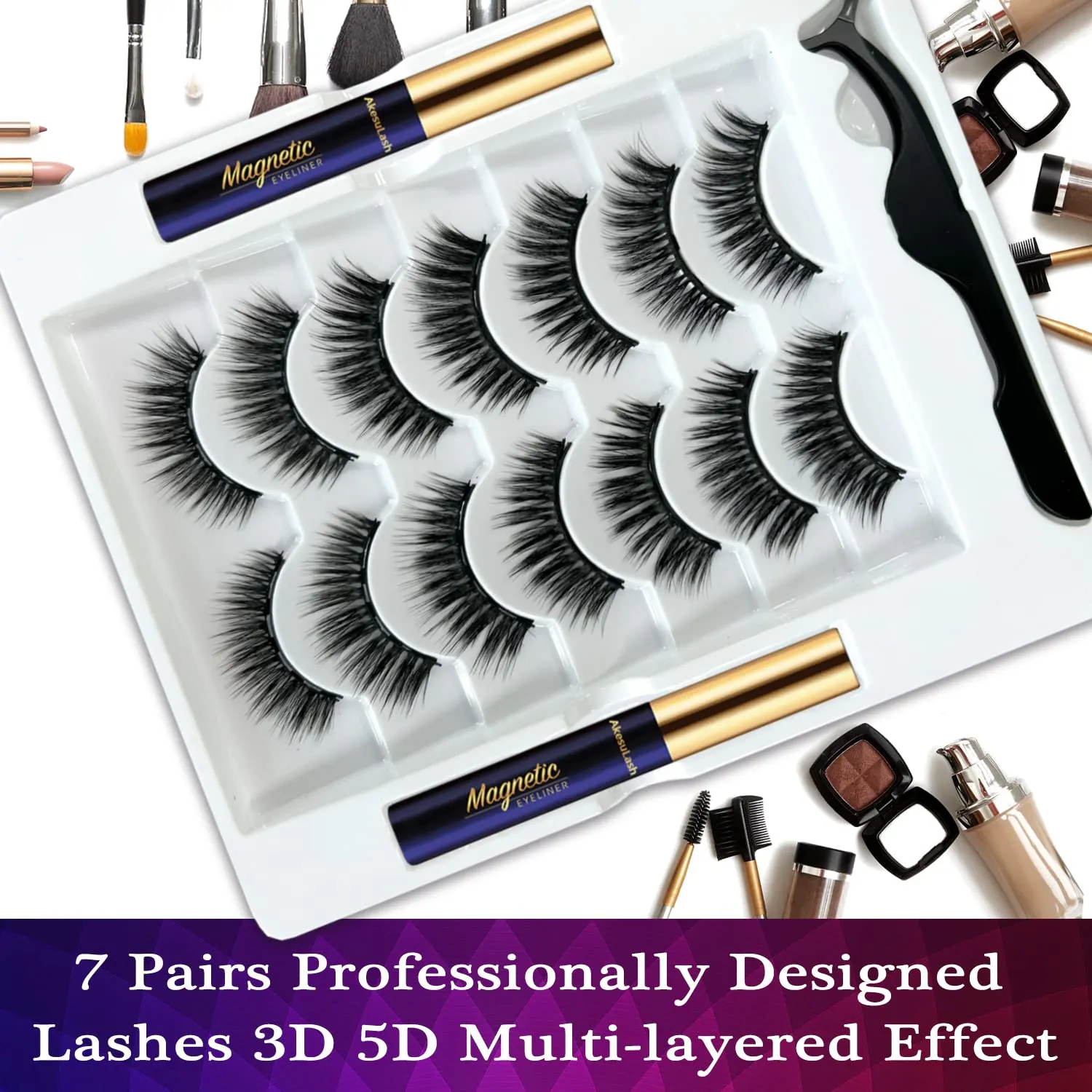 Magnetic Eyelashes - 7 Pairs 3D Medium Cat-eye Magnetic Lashes with Eyeliner Kit - Upgraded,Natural Look,Long Lasting,Reusable,With Applicator - Easy to Apply (2 Tube of Liner)