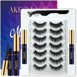 Magnetic Eyelashes - 7 Pairs 3D Medium Cat-eye Magnetic Lashes with Eyeliner Kit - Upgraded,Natural Look,Long Lasting,Reusable,With Applicator - Easy to Apply (2 Tube of Liner)