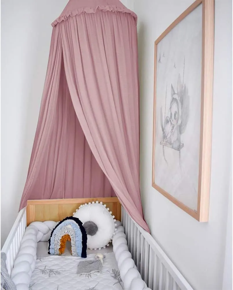 MAMERIA Kids Bed Canopy with Frills Cotton Hanging Tent Curtain Net for Reading Nook Hideaway Bedding Play Room Decor (Dusty Rose)