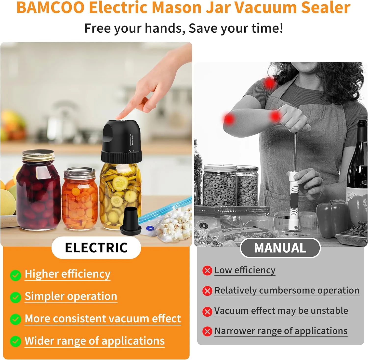 Mason Jar Vacuum Sealer Kit, 3 in 1 Auto Stop Electric Jar Vacuum Sealer for Mason Jars for Wide & Regular Mouth Mason Jars & Sous Vide Bags, Portable Compact Vacuum Seal for Jar Food Storage Black