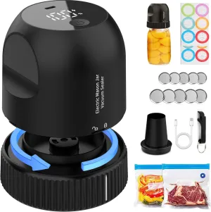 Mason Jar Vacuum Sealer Kit, 3 in 1 Auto Stop Electric Jar Vacuum Sealer for Mason Jars for Wide & Regular Mouth Mason Jars & Sous Vide Bags, Portable Compact Vacuum Seal for Jar Food Storage Black