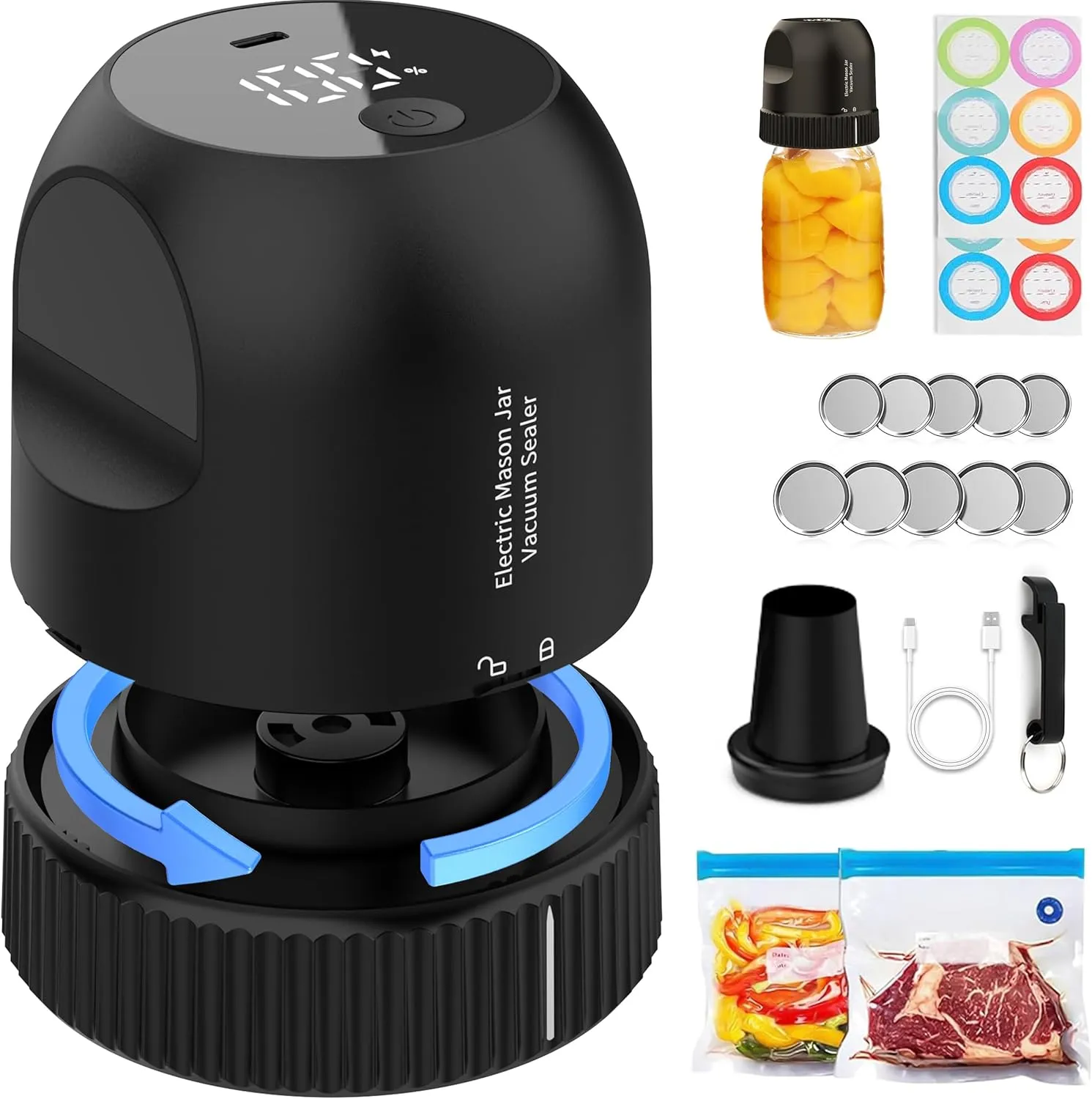 Mason Jar Vacuum Sealer Kit, 3 in 1 Auto Stop Electric Jar Vacuum Sealer for Mason Jars for Wide & Regular Mouth Mason Jars & Sous Vide Bags, Portable Compact Vacuum Seal for Jar Food Storage Black