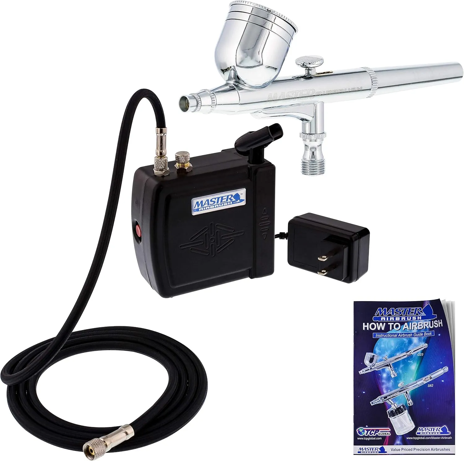 Master Airbrush Multi-Purpose Airbrushing System Kit with Portable Mini Air Compressor - Gravity Feed Dual-Action Airbrush, Hose, How-To-Airbrush Guide Booklet - Hobby, Craft, Cake Decorating, Tattoo