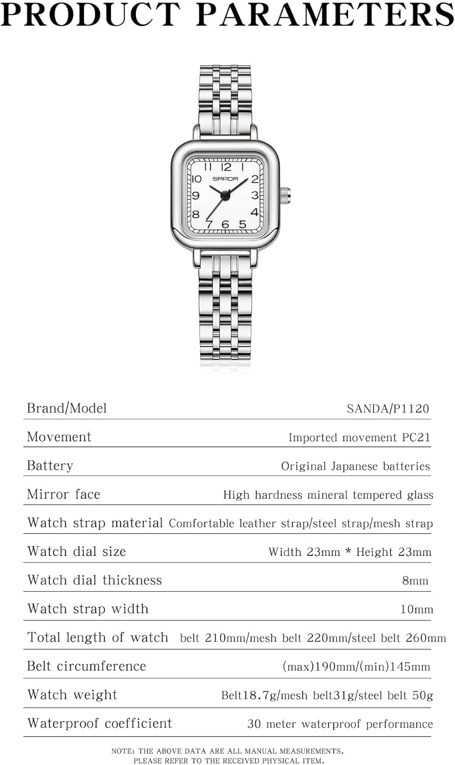 MASTOP Elegant Small Square Gold and Silver Women’s Watch Dainty Quartz Analog Watch with Leather Stainless Steel Strap Luxury Dress Casual Watches for Women