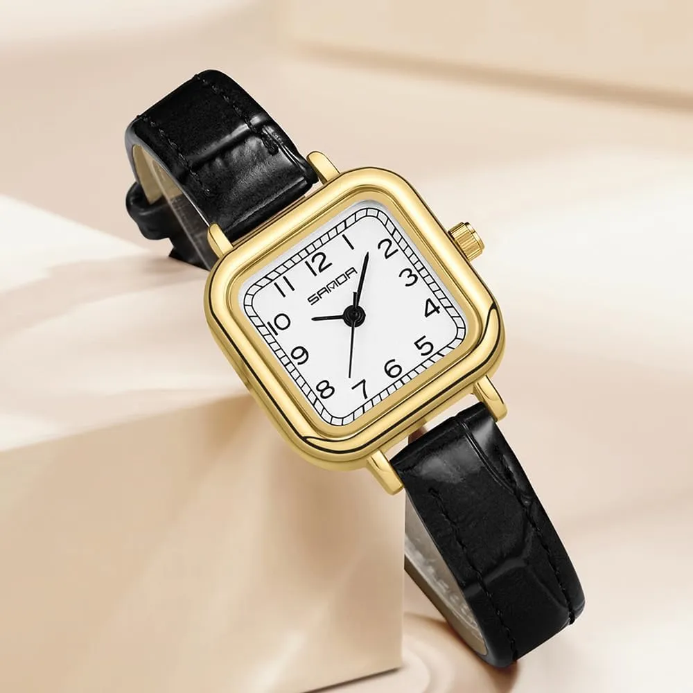 MASTOP Elegant Small Square Gold and Silver Women’s Watch Dainty Quartz Analog Watch with Leather Stainless Steel Strap Luxury Dress Casual Watches for Women