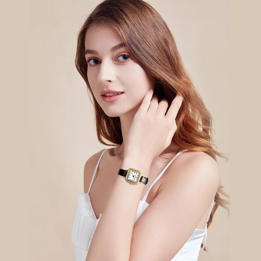 MASTOP Elegant Small Square Gold and Silver Women’s Watch Dainty Quartz Analog Watch with Leather Stainless Steel Strap Luxury Dress Casual Watches for Women
