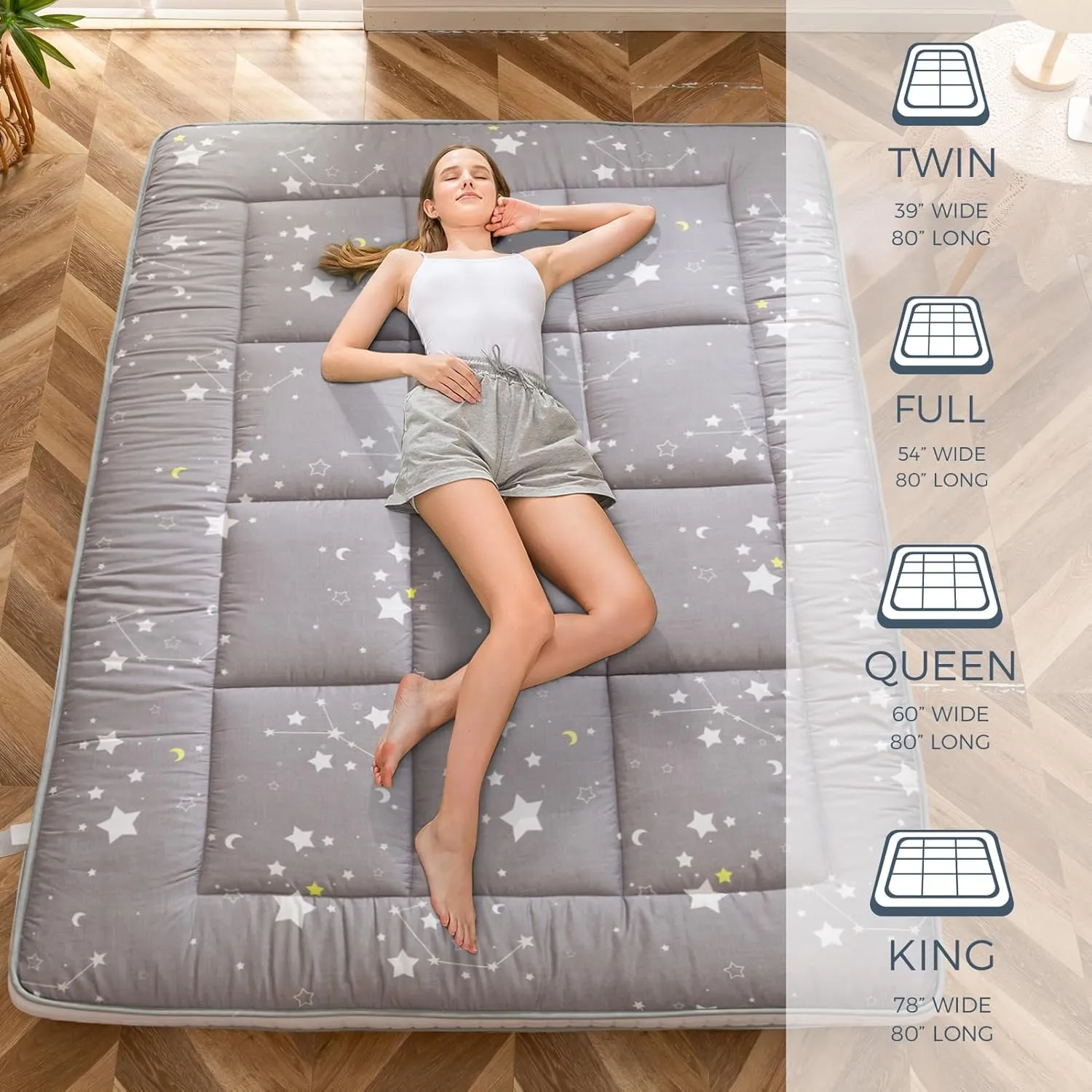 MAXYOYO Grey Constellation Futon Mattress, Japanese Floor Mattress Quilted Bed Mattress Topper, Extra Thick Folding Sleeping Pad Breathable Floor Lounger Guest Bed for Camping, King