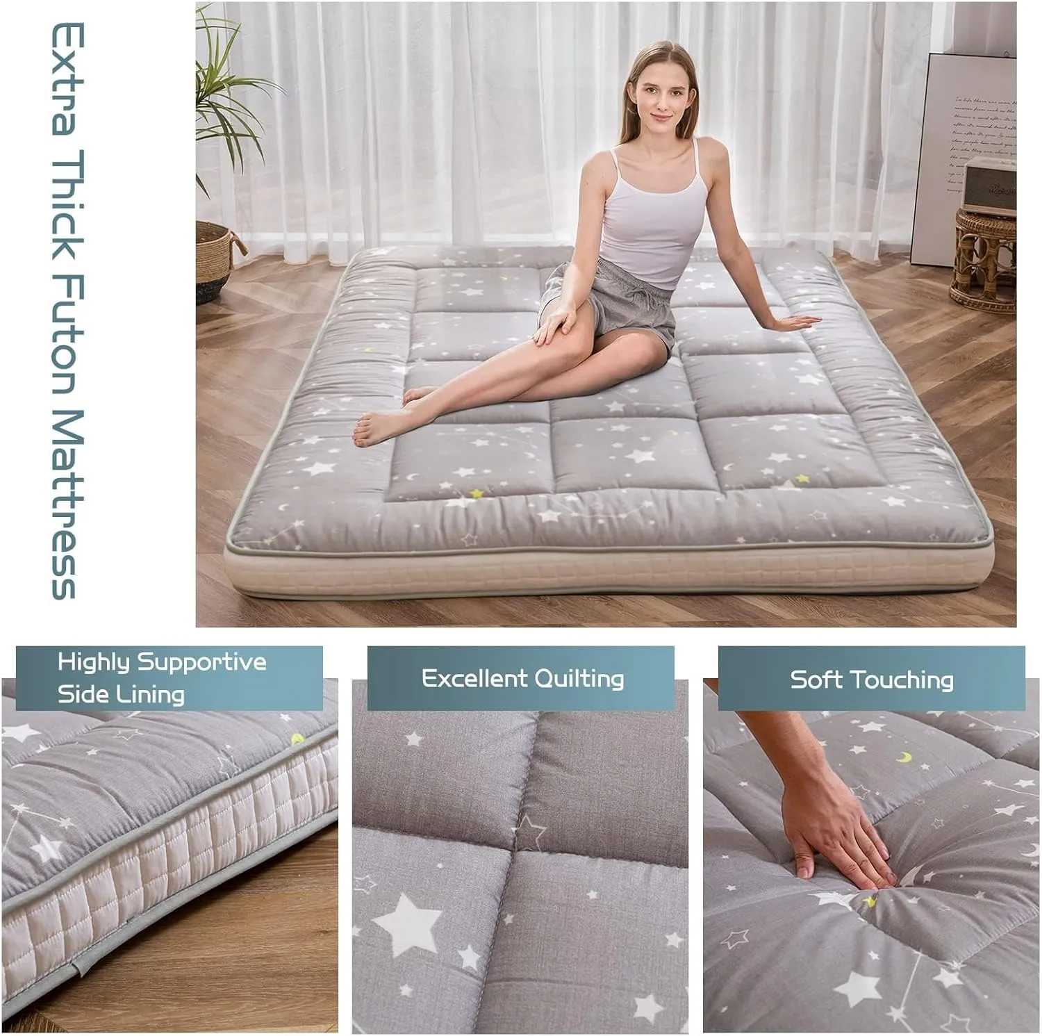 MAXYOYO Grey Constellation Futon Mattress, Japanese Floor Mattress Quilted Bed Mattress Topper, Extra Thick Folding Sleeping Pad Breathable Floor Lounger Guest Bed for Camping, King