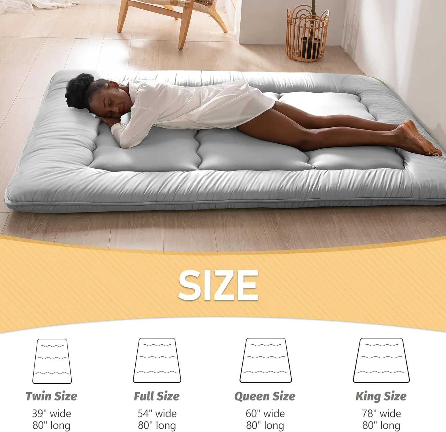 MAXYOYO Japanese Floor Mattress Futon Mattress, Thicken Daybed Sleeping Pad Foldable Roll Up Boys Girls Dormitory Kids Lounger Bed Couch and Sofa, Grey, Full