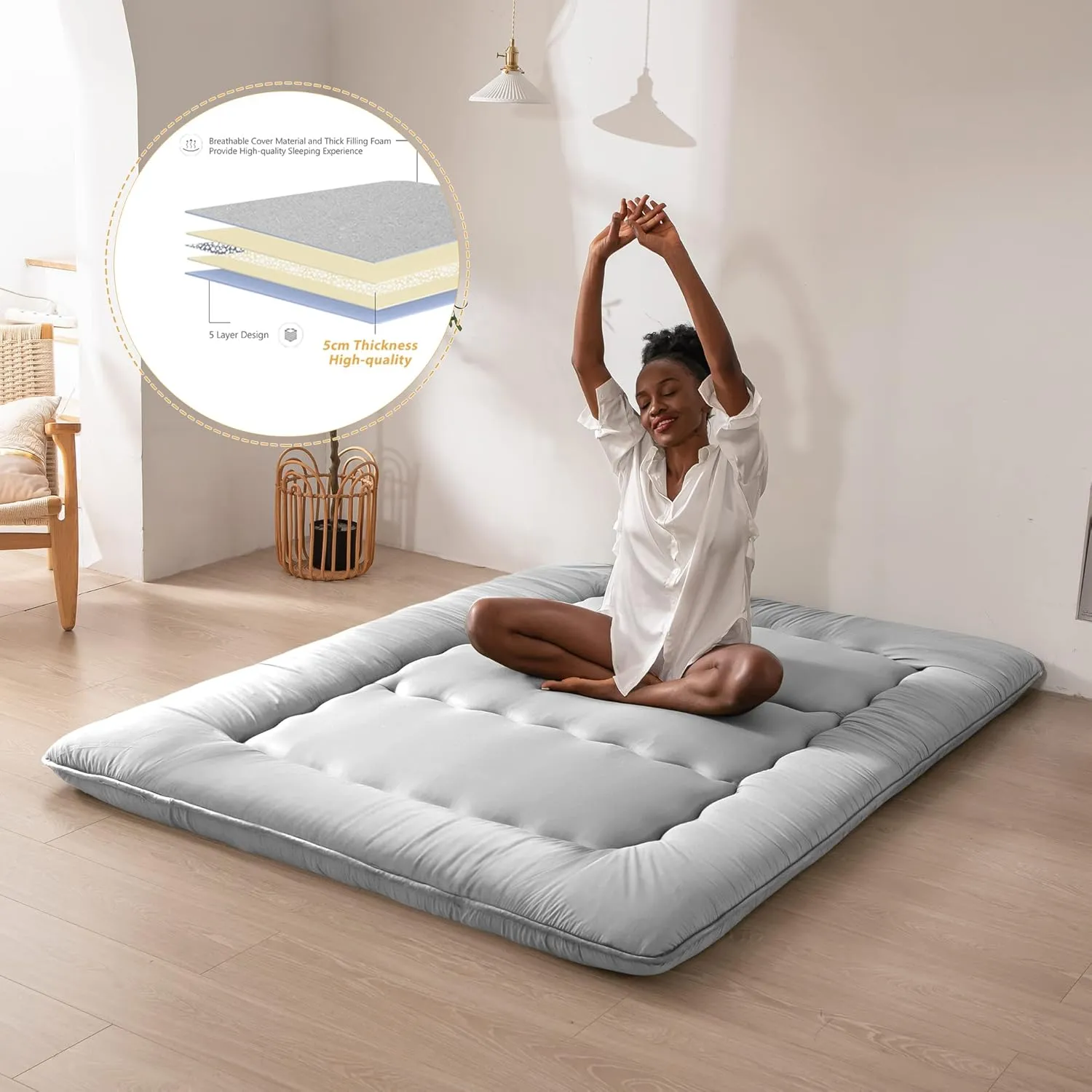 MAXYOYO Japanese Floor Mattress Futon Mattress, Thicken Daybed Sleeping Pad Foldable Roll Up Boys Girls Dormitory Kids Lounger Bed Couch and Sofa, Grey, Full