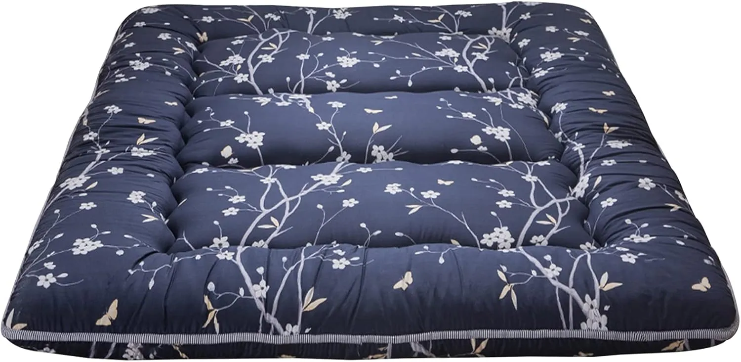 MAXYOYO Navy Floral Printed Japanese Floor Mattress Rustic Style Futon Mattress Foldable Bed Roll Up Camping Mattress Floor Lounger Bed Couches and Sofas Mattress Topper King Size