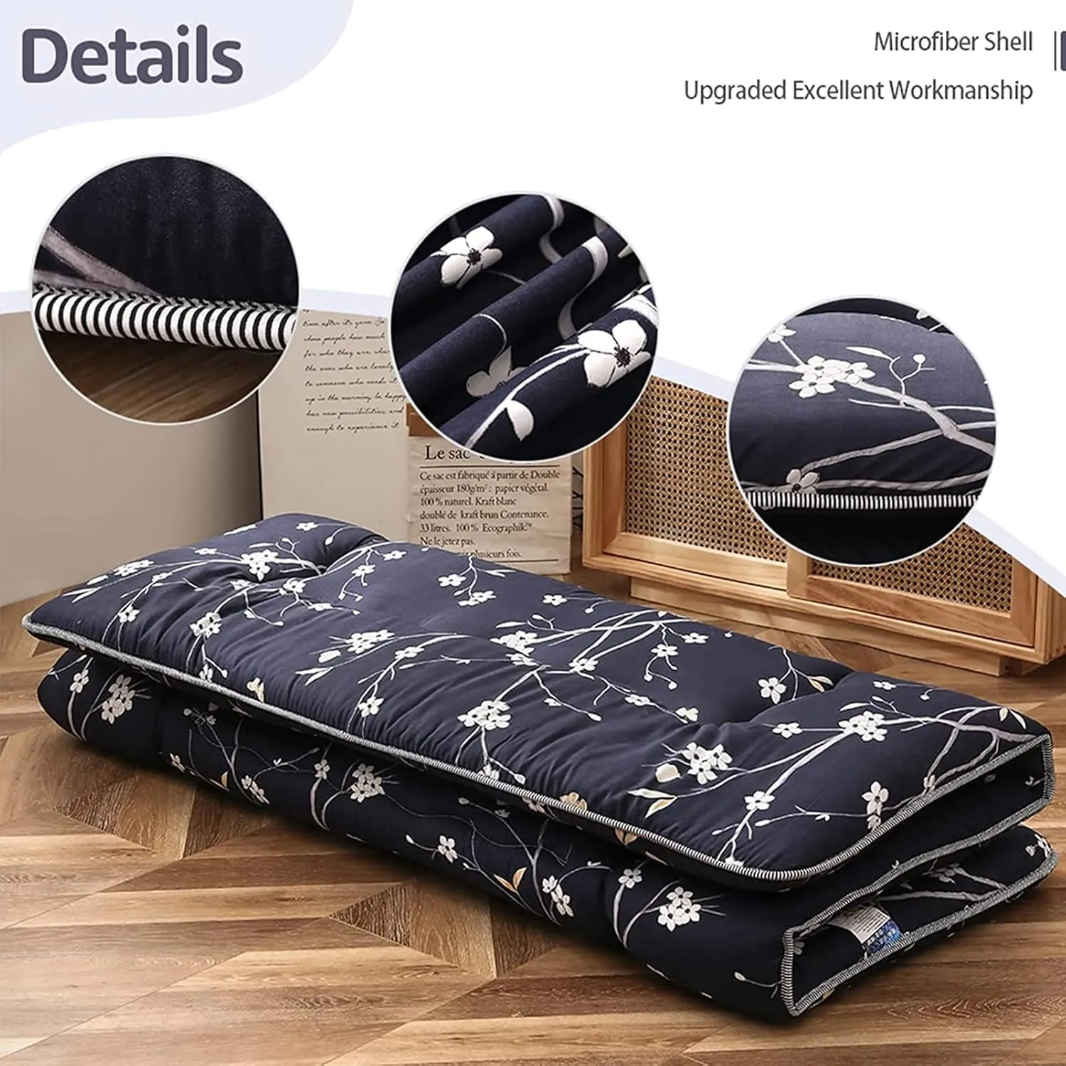 MAXYOYO Navy Floral Printed Japanese Floor Mattress Rustic Style Futon Mattress Foldable Bed Roll Up Camping Mattress Floor Lounger Bed Couches and Sofas Mattress Topper King Size