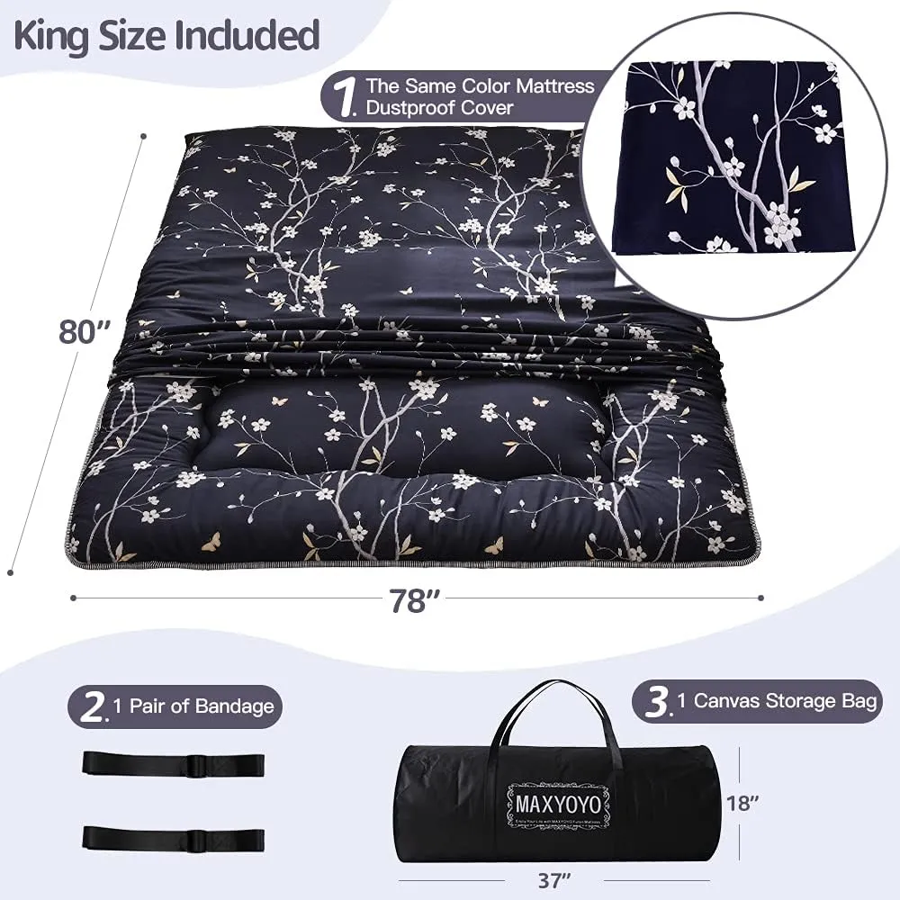 MAXYOYO Navy Floral Printed Japanese Floor Mattress Rustic Style Futon Mattress Foldable Bed Roll Up Camping Mattress Floor Lounger Bed Couches and Sofas Mattress Topper King Size