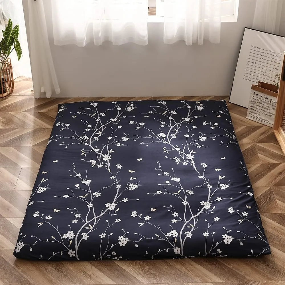 MAXYOYO Navy Floral Printed Japanese Floor Mattress Rustic Style Futon Mattress Foldable Bed Roll Up Camping Mattress Floor Lounger Bed Couches and Sofas Mattress Topper King Size