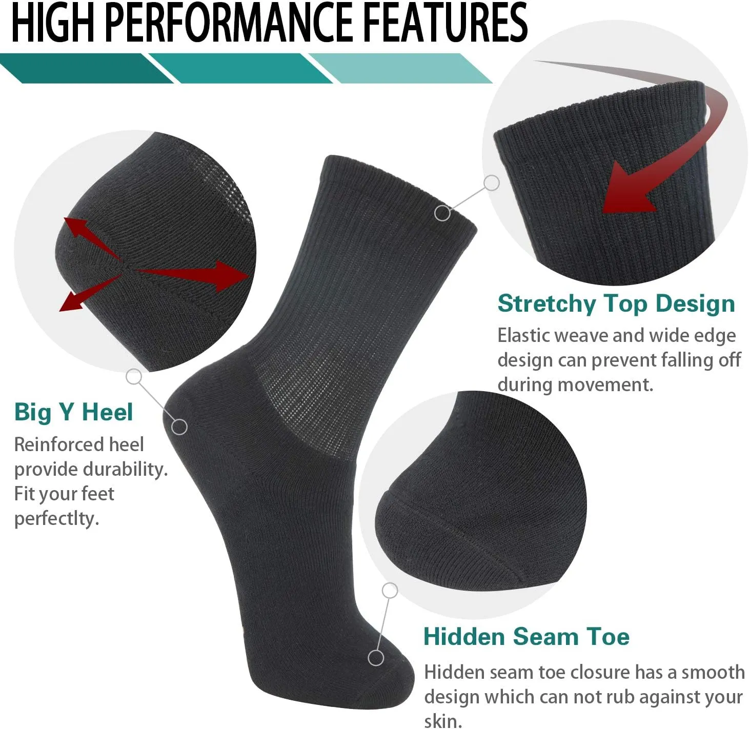  MD 6 Pack Mens Crew Socks Extra Heavy Full Cushion Work Socks Moisture Wicking Hiking Trekking Sports Casual Socks