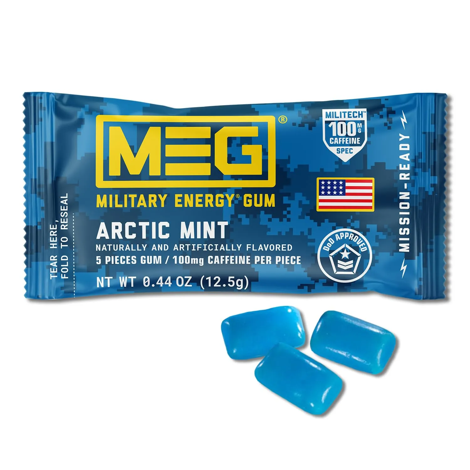 MEG - Military Energy Gum | 100mg of Caffeine Per Piece   Increase Energy   Boost Physical Performance   Arctic Mint 24 Pack (120 Count)